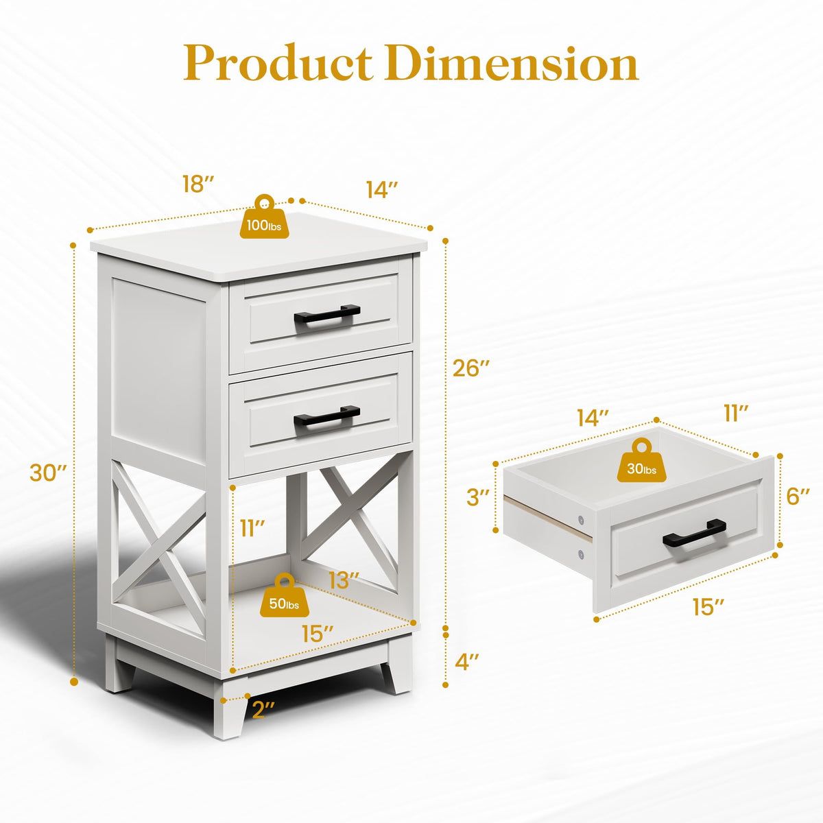 RoyalCraft Tall Nightstand Set of 2, Side Table with 2 Drawers and Open Shelf Below, Bedside Table with Solid Feet, Modern Night Stand End Table for Bedroom, Living Room, Home Office, White
