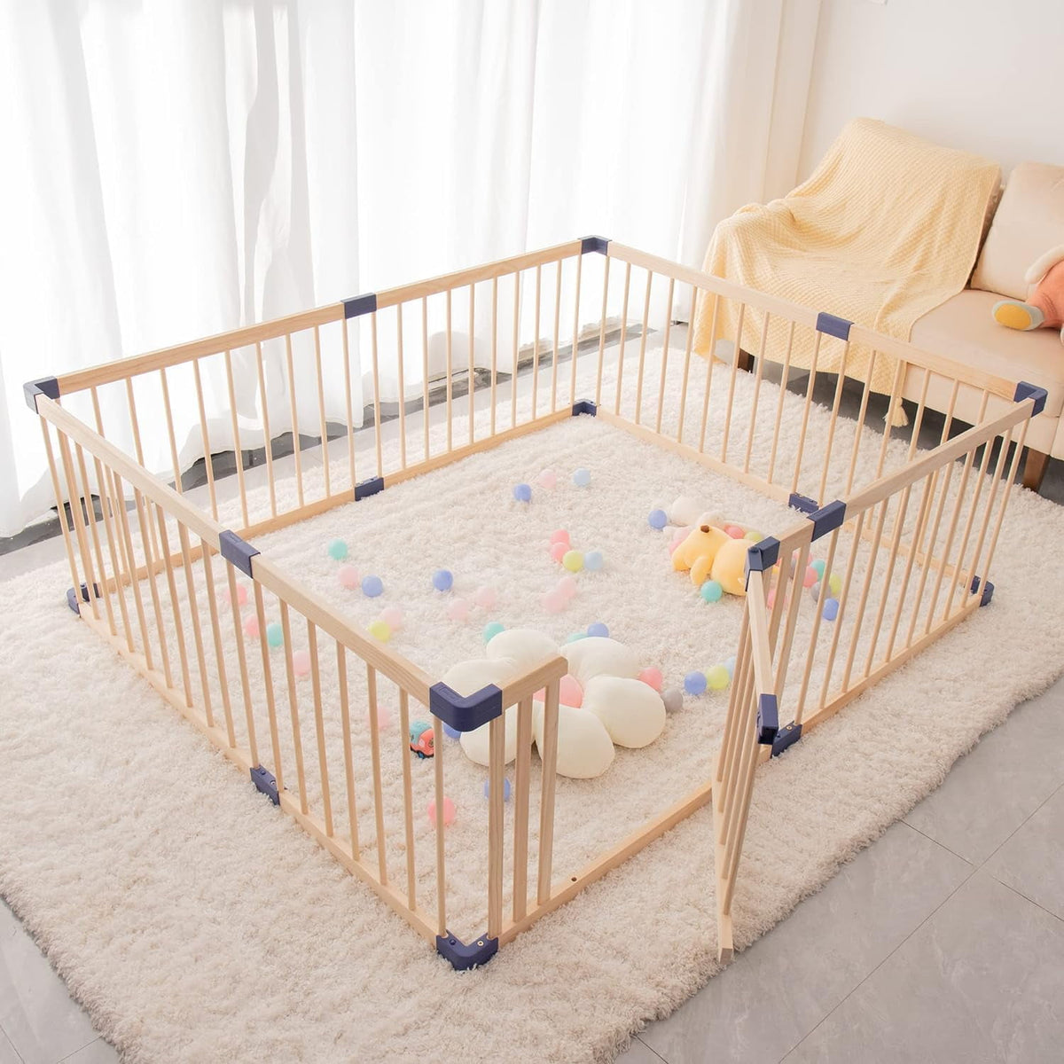 Superjoe Baby Playpen Kids Fence with Safety Gate, Activity Play Center, Safety and Anti-Drop Function, Safety Play Yard Indoor Outdoor Pure Wooden Baby Playpen (71"*63"*24")