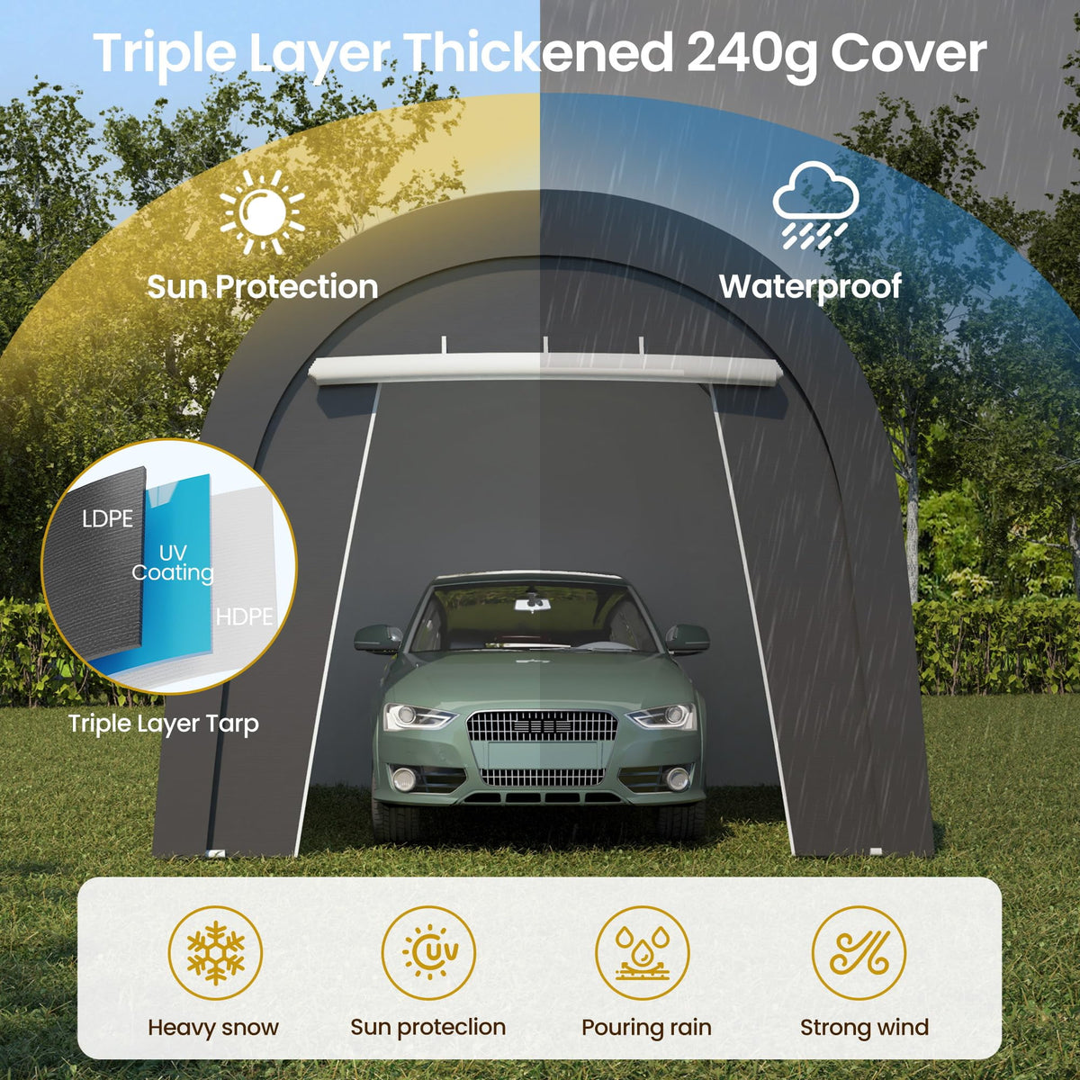 RoyalCraft Domed Carport, Portable Garage with 2 Roll up Doors, Heavy Duty Car Canopy Party Tent, All-Season Storage Shelter Shed Carport for Motorcycle, Boat, Truck, or Garden Tools, 10' x 20'