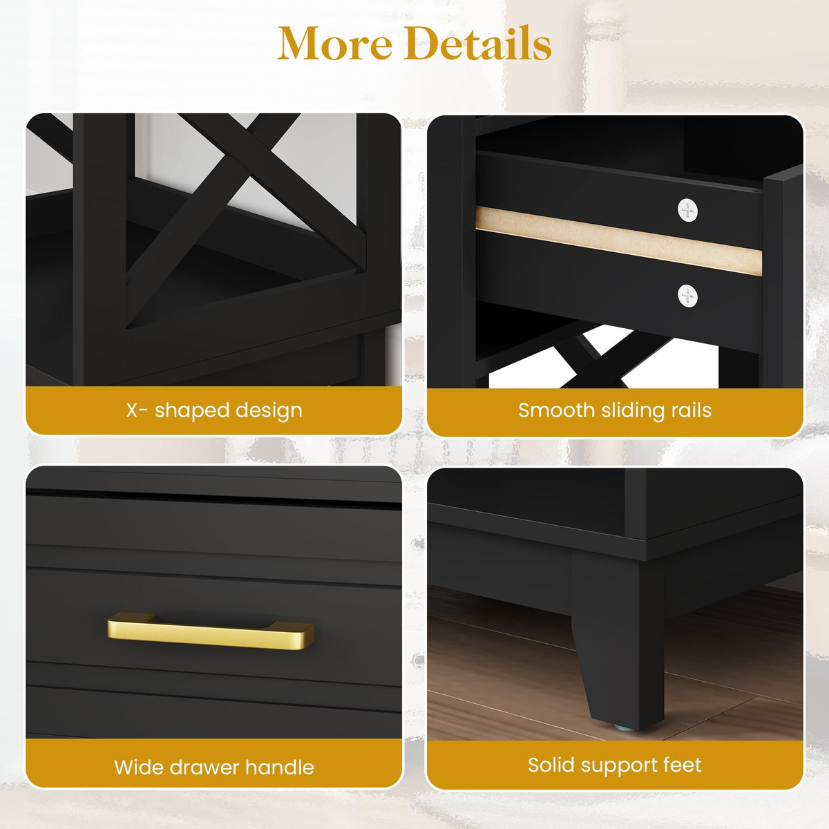RoyalCraft Tall Nightstand Set of 2, Side Table with 2 Drawers and Open Shelf Below, Bedside Table with Solid Feet, Modern Night Stand End Table for Bedroom, Living Room, Home Office, Black