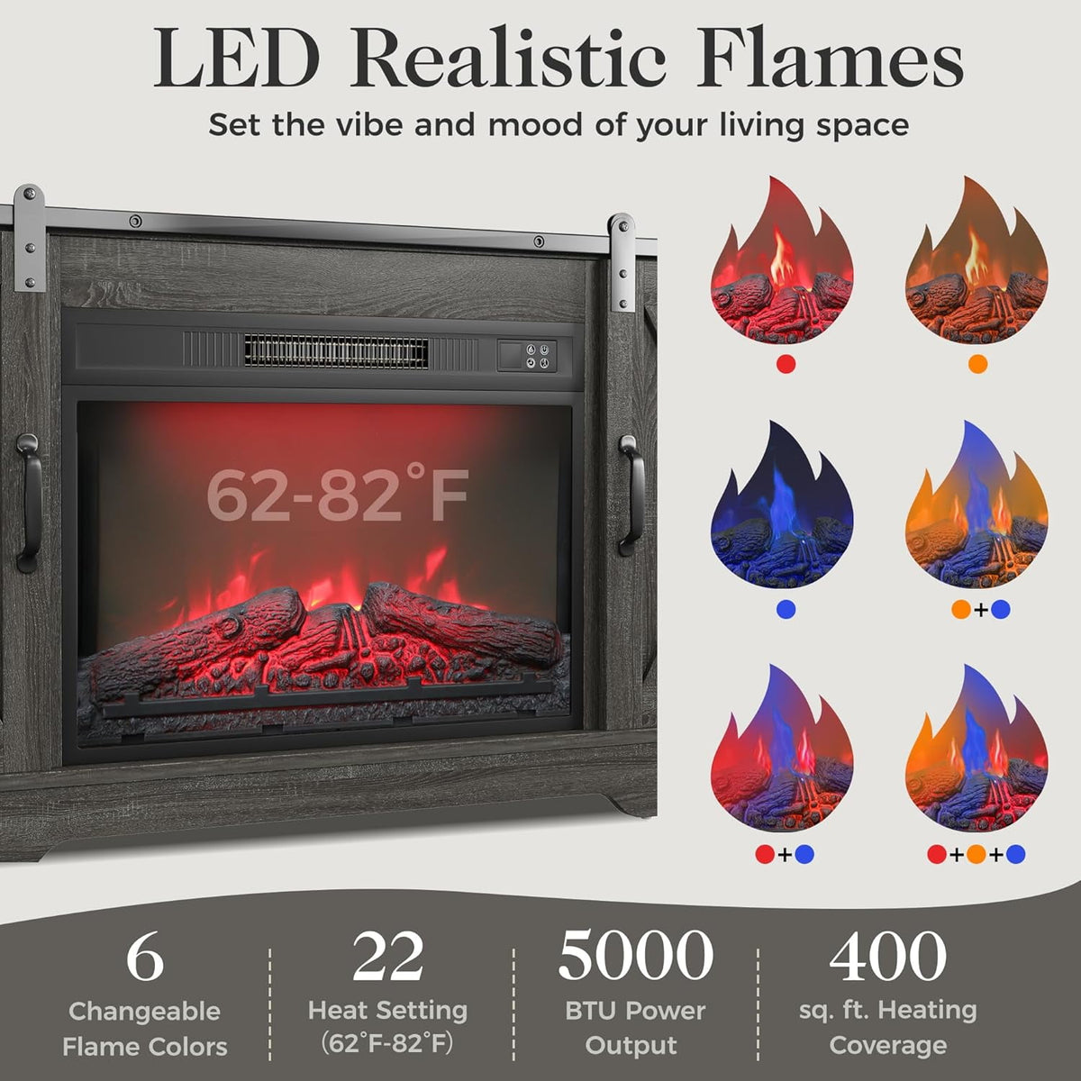 Heynemo 23 Inch Electric Fireplace Insert for TV Stand, Recessed Mounted Fireplace Heater with 3D Multicolor Flames and Timer, 1400W Free Standing Heater with Remote Control, Low Noise, Black