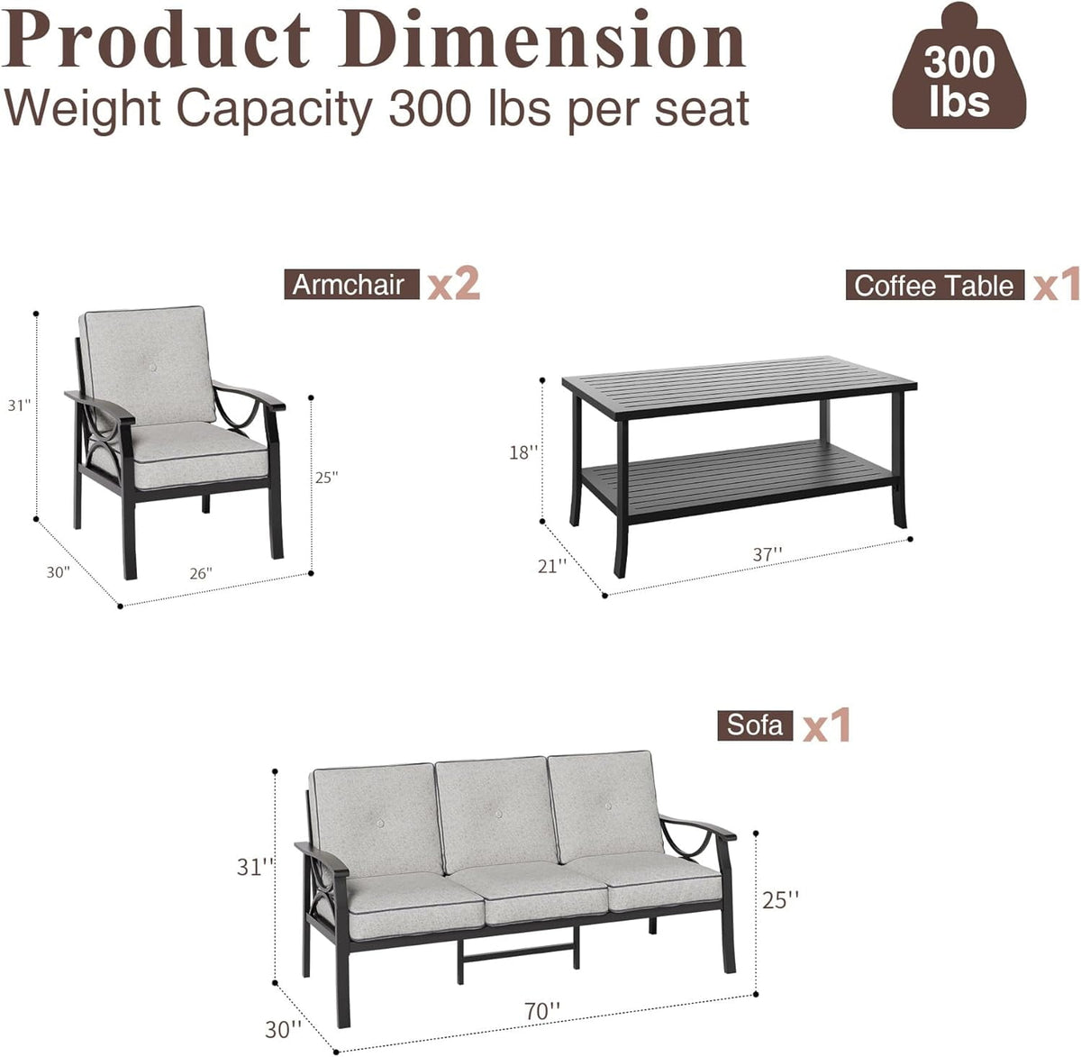 Royalcraft 4 Steel Water-resistant Outdoor Conversation Sets with Armchair and Sofa, Black/Grey
