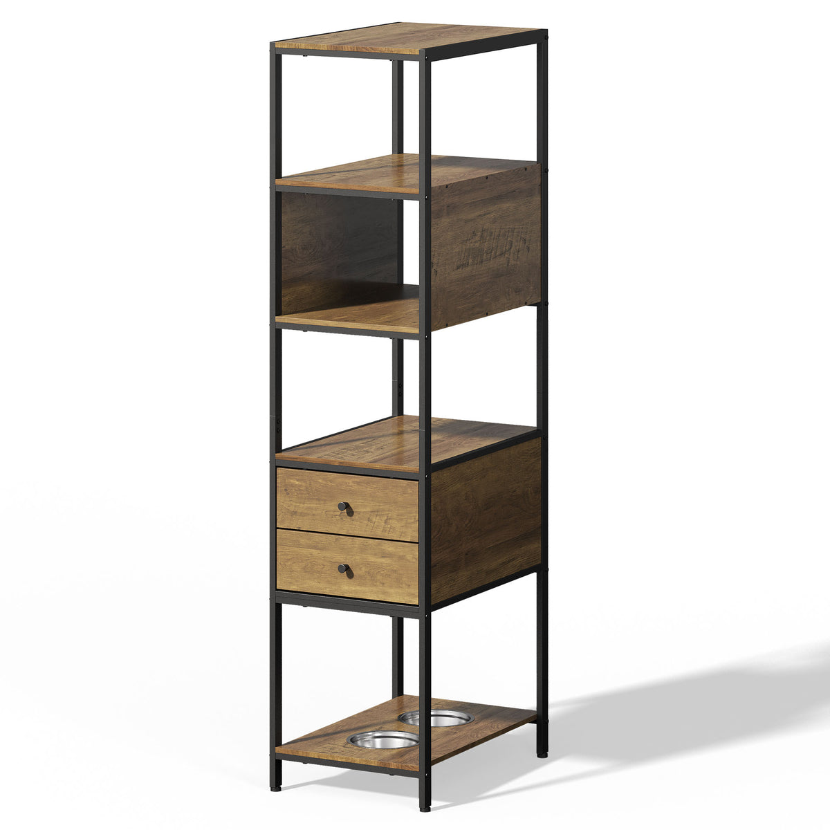 Industrial Bookshelf, Standing Display Shelf with 2 Dog Bowls, Metal and Wood Bookshelf, Dog Feeder Station with Shelves, Brown