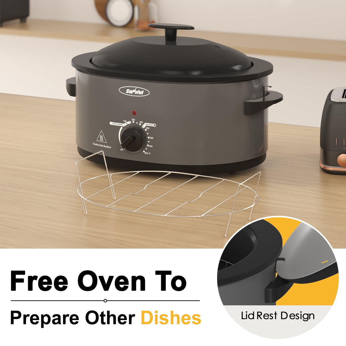 Royalcraft Roaster Oven with Self-Basting Lid, 8qt Electric Roaster with Removable Pan & Rack, Turkey Roaster Oven with Defrost & Warm Function, Stainless Steel, Grey
