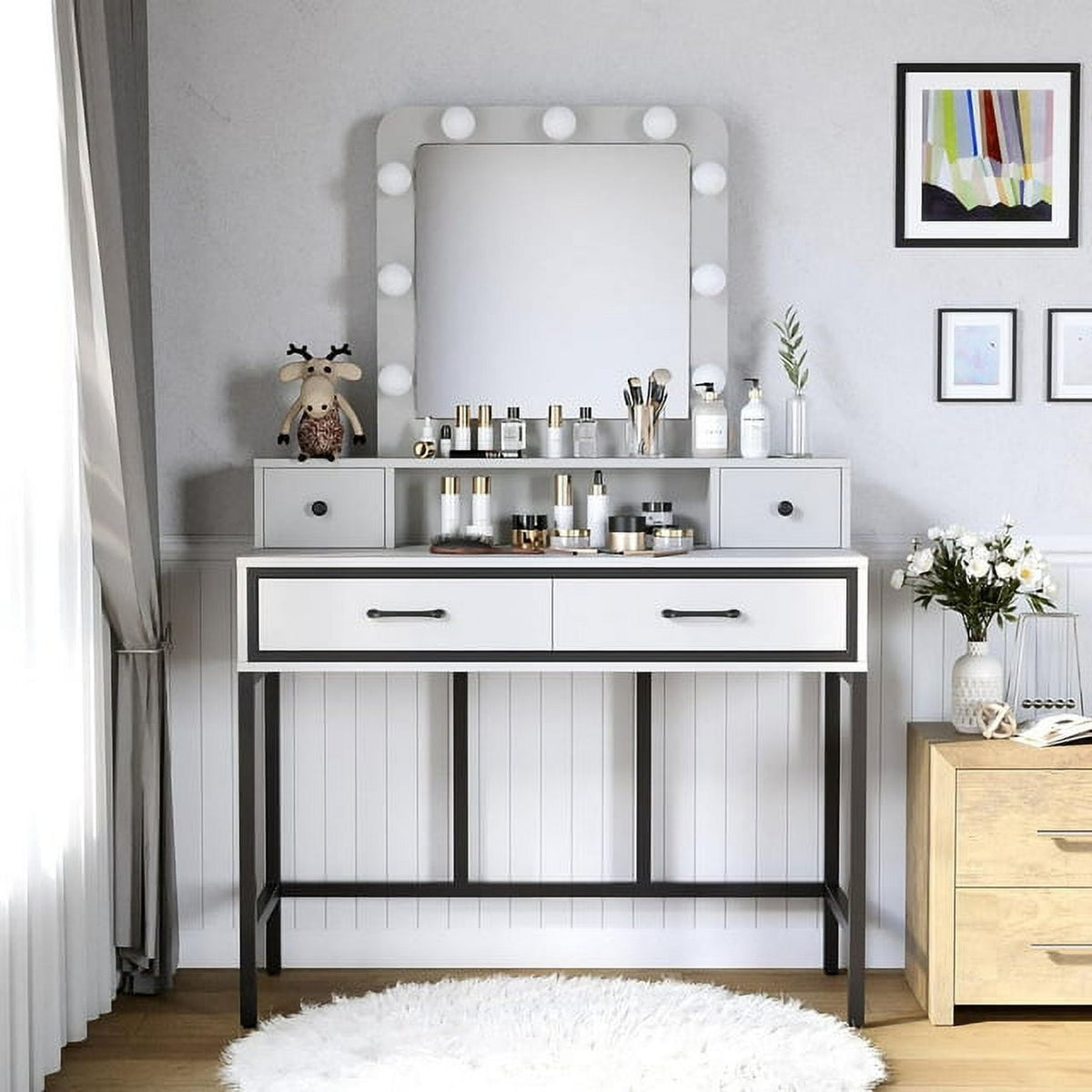 Superjoe Makeup Vanity 3 Color Hollywood Mirror with Dimmable Lighted, Vanity Table with 4 Drawers for Women Girls, Dressing Desk for Bedroom, Beauty Room, White