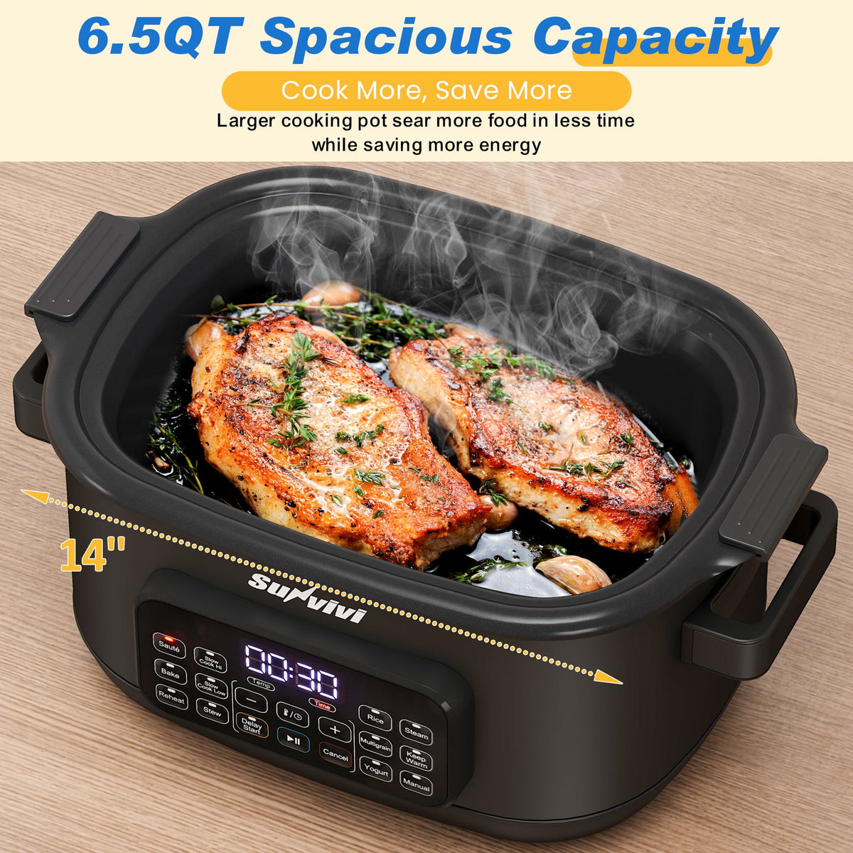 Royalcraft 12-in-1 Digital Programmable Slow Cooker, 6.5 QT Large Multicooker, Multi-Cooker with Timer, Temp Control, Black