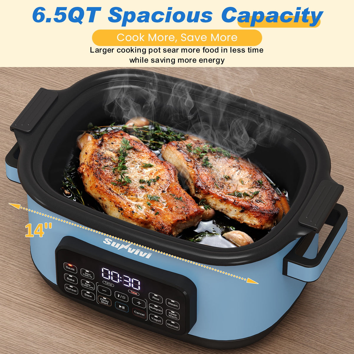 Royalcraft 12-in-1 Digital Programmable Slow Cooker, 6.5 QT Large Multicooker, Multi-Cooker with Timer, Temp Control, Blue