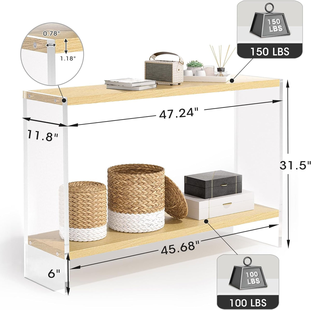 Acrylic Console Table, 47.24" Modern Entryway Table with Storage Shelf, Clear Acrylic Doorway Table, 2-Tier Sofa Table for Living Room, Bedroom, Hallway, and Dining Room (Black)