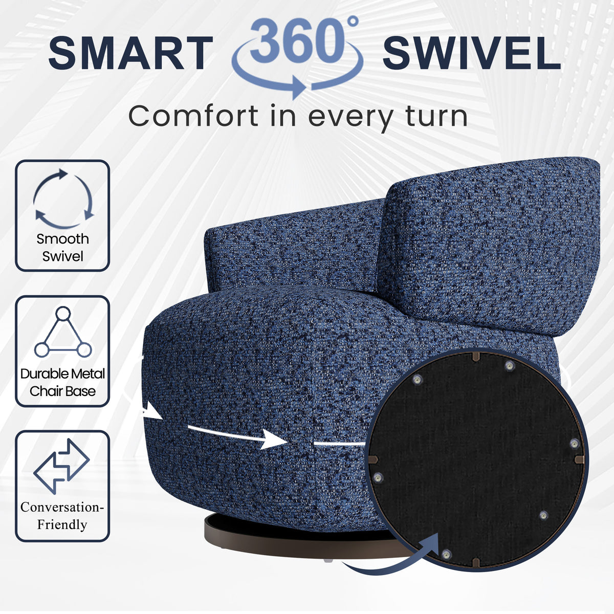 Swivel Accent Chair, Fully Assembled Round Barrel Chairs, Oversized Upholstered Armchair with 360-Degree Base, Modern Club Chair for Living Room, Bedroom, Office