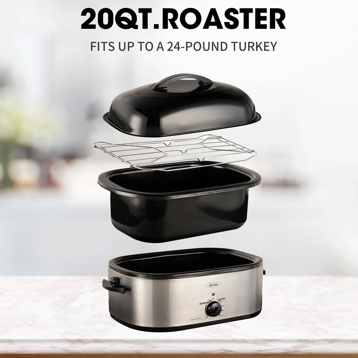 Royalcraft 26 Quart Electric Turkey Roaster Oven with Visible & Self-Basting Lid, Stainless Steel