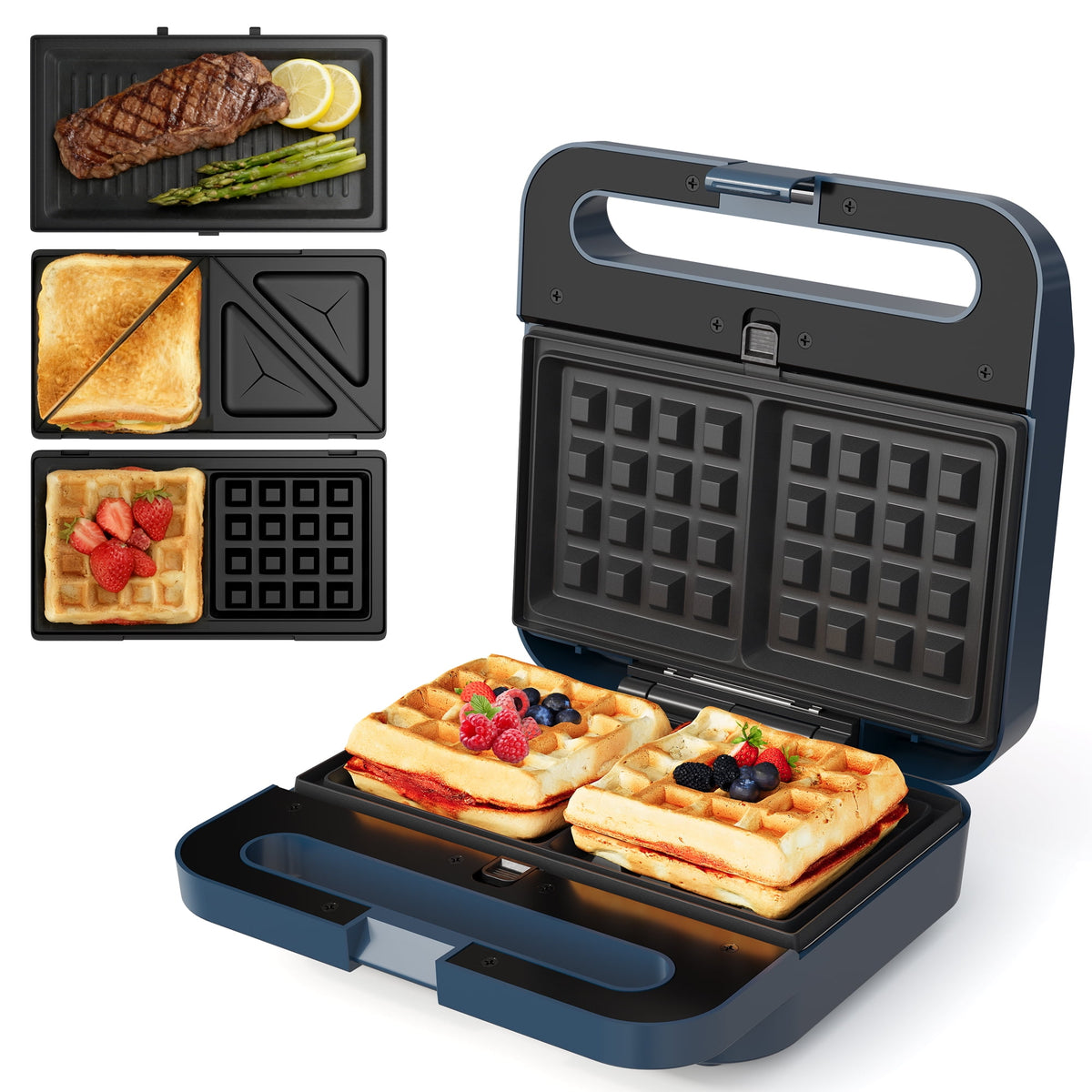 Royalcraft 3-in-1 Electric Sandwich Maker Waffle Grill Panini Press 1000W Non-Stick Removable Plates Blue