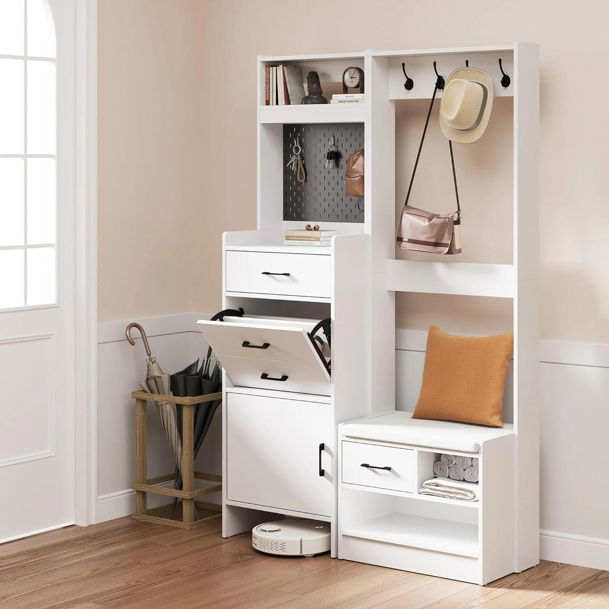 Royalcraft 7-in-1 Hall Tree with Hidden Shoe Storage, Entryway Bench with Coat Rack and Pegboard, Multifunctional Coat Rack with Bench Mudroom Storage
