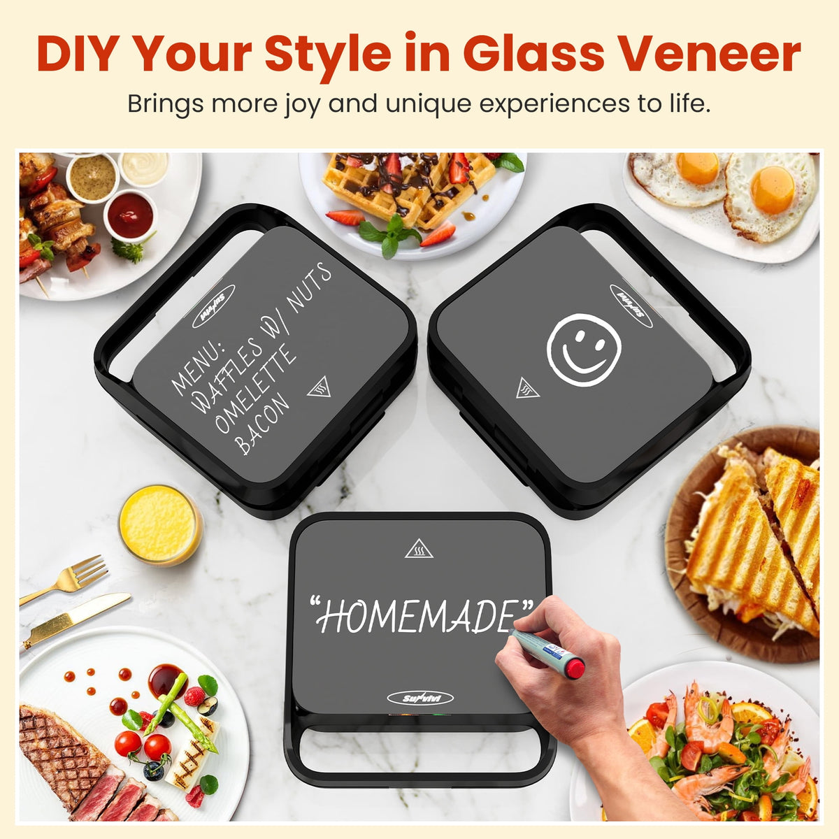 Royalcraft 3-in-1 Electric Sandwich Maker & Waffle Grill, 850W Panini Press with Non-Stick Removable Plates & Tempered Glass Top, Cool Touch Handle, Easy to Clean, Black