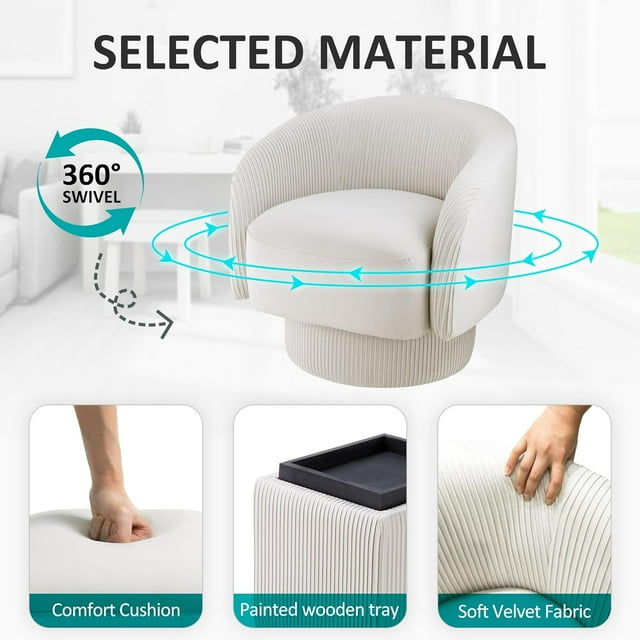 Royalcraft Swivel Accent Chair with Storage Ottoman, 360 Degree Swivel Barrel Chair with Footrest, Beige Velvet Upholstered Chair, Modern Swivel Round Chair for Living Room, Bedroom, Office