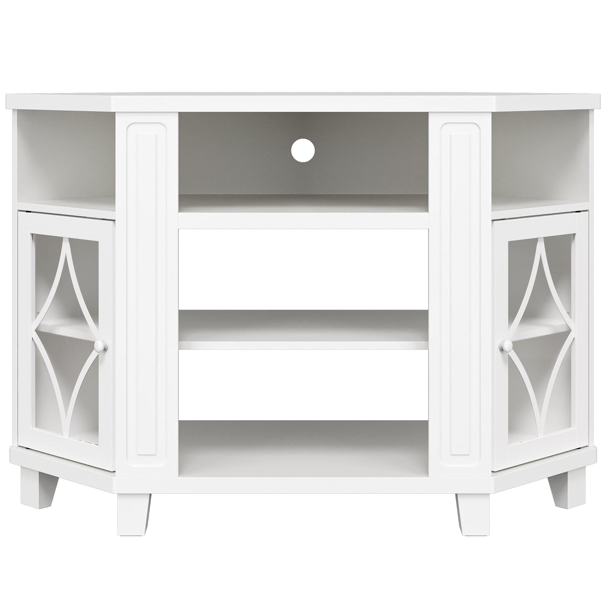 RoyalCraft Corner TV Stands for TVs up to 55'', Media Console Table with Adjustable Shelves, Acrylic Doors with Double-Diamond Design, Wood Modern Entertainment Center for Living Room Bedroom, White
