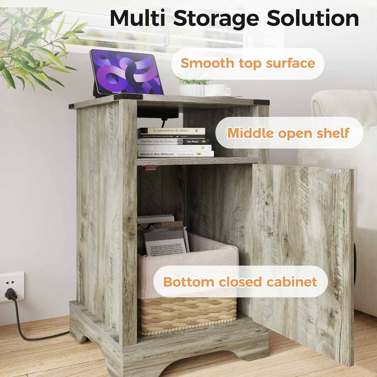 RoyalCraft White Nightstand with Charging Station, Farmhouse Bedside Table with X-Shaped Design,Wooden Rustic End Table with Large Storage Room and Shelf for Bedroom, Living Room, Solid White