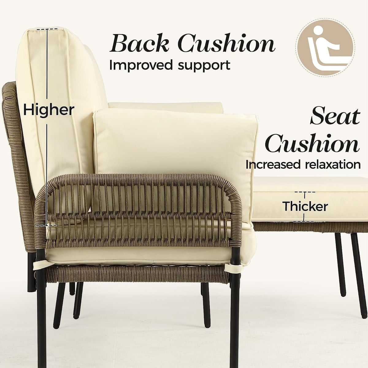 Royalcraft Patio Furniture Set, Outdoor Sectional Furniture Sets with Woven Rope Accents and 4-inch Cushions, L-Shaped Patio Conversation Sets with Detachable Lounger and Side Table