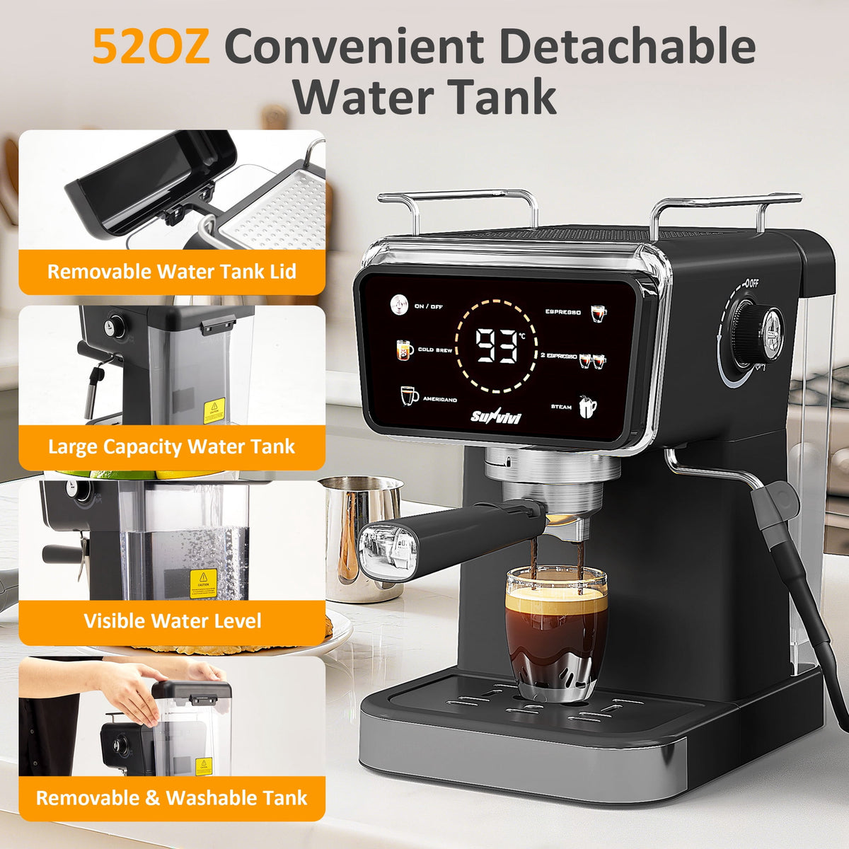 Royalcraft 20 Bar Espresso Machine, 3-in-1 Hot & Iced Coffee Maker with Milk Frother, LED Touch Control, Removable 52oz Water Tank