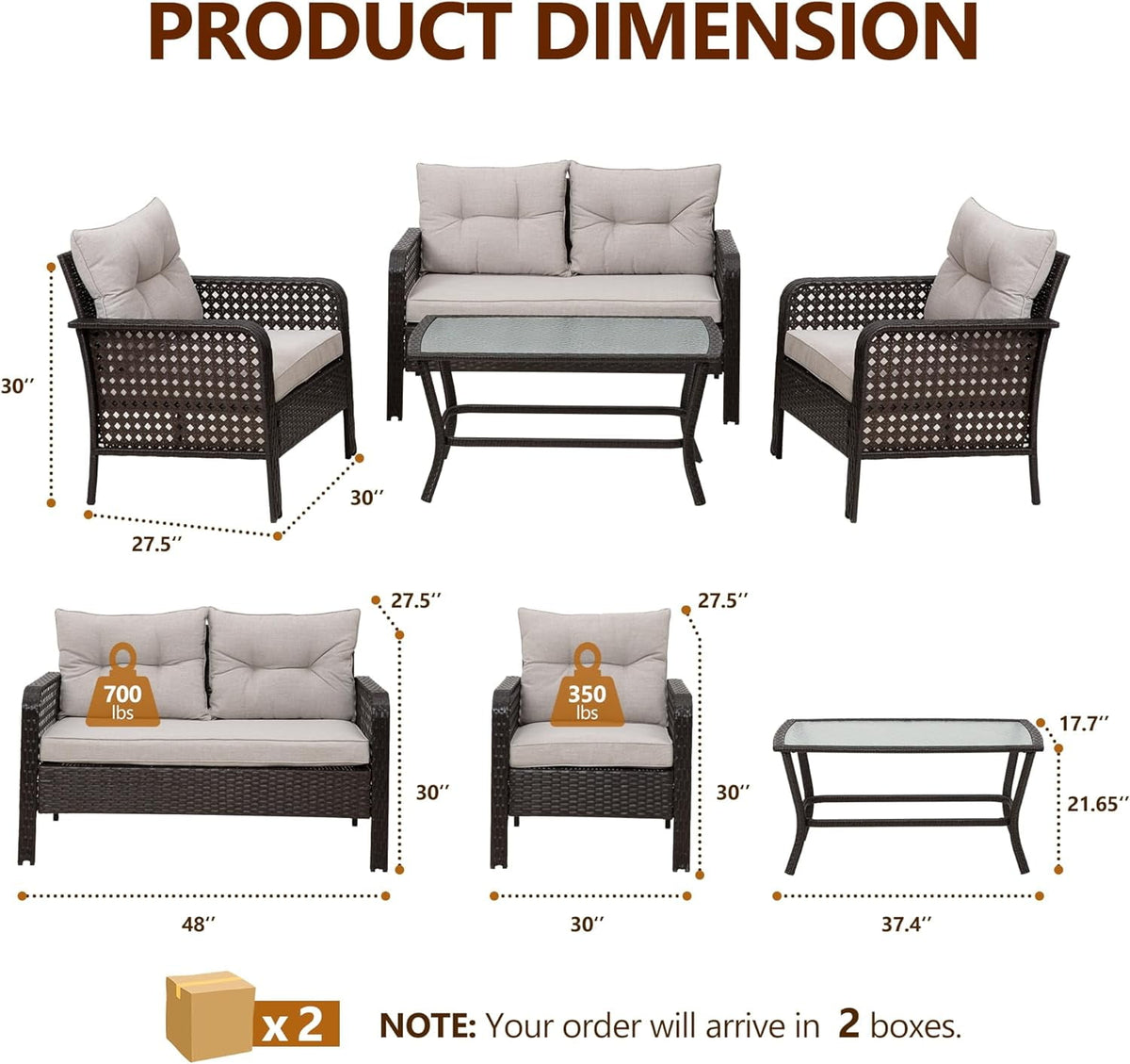 4 Pieces Patio Furniture Set, Outdoor Rattan Chair Wicker Conversation Sets with Cushions and Glass Coffee Table, for Porch Balcony Garden Backyard Deck, Brown and Khaki