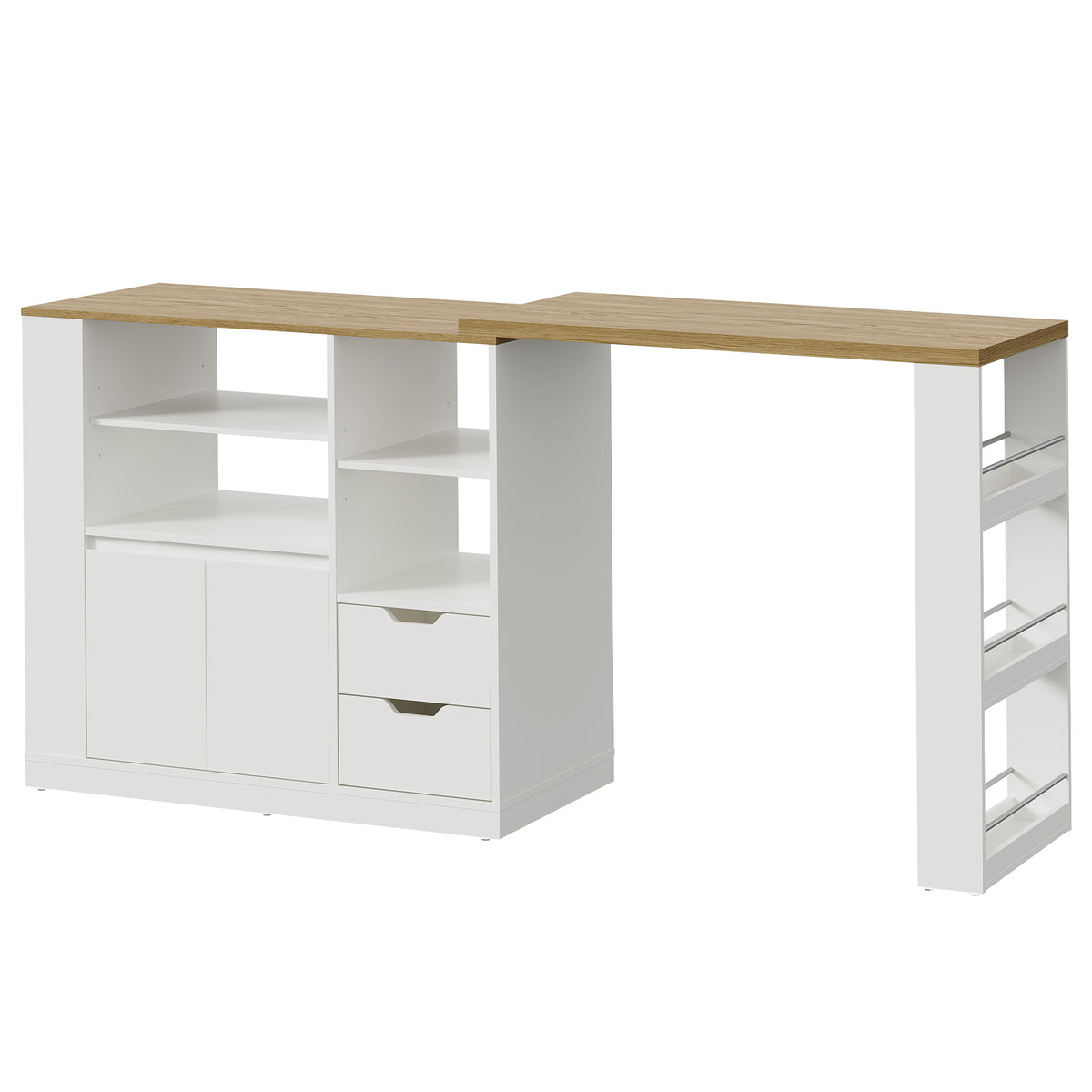 Royalcraft Kitchen Island with Storage, Extendable & Rotatable Kitchen Prep Table with 3 Side Shelves and 2 Drawers,  Kitchen Shelf Bar Table, Wood Buffet Sideboard Cabinet for Dining Room, White