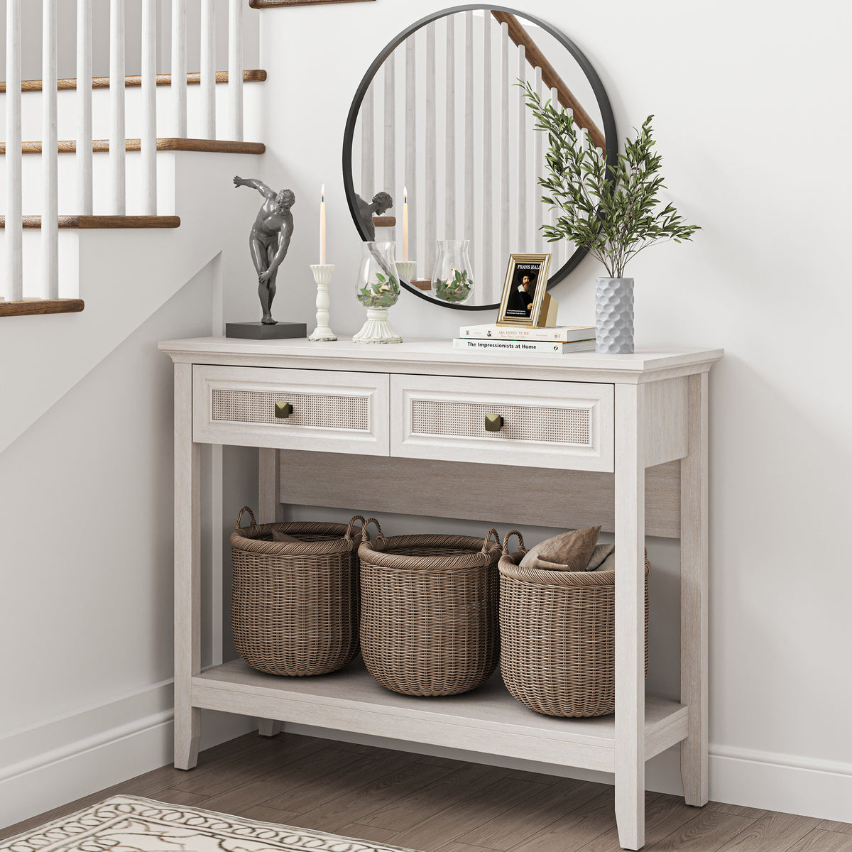 Royalcraft Rattan Console Table, Boho Entryway Table with Widened Tabletop & 2 Spacious Drawers, Farmhouse Sofa Table with Storage Shelf, Foyer Table for Living Room, Hallway, Entryway, Grayish White