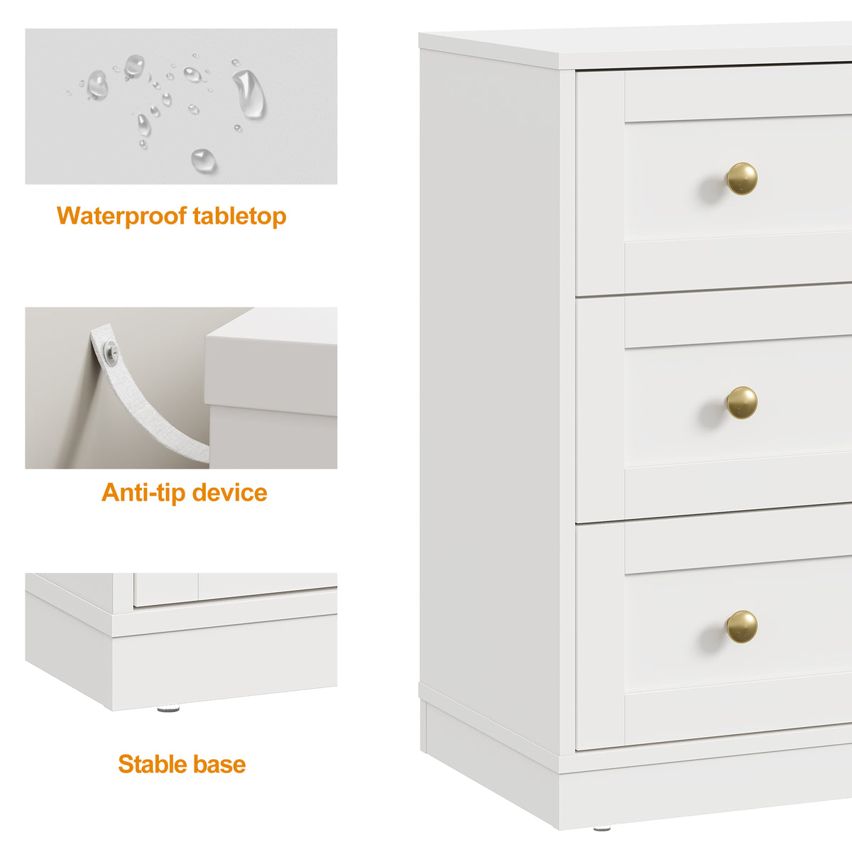 Royalcraft 3 Drawer Nightstand, Large Bedside Table with Golden Round Knobs, Modern Wood End Table, Accent Side Table Chest of Drawers for Bedroom, Living Room, Hallway, Closet