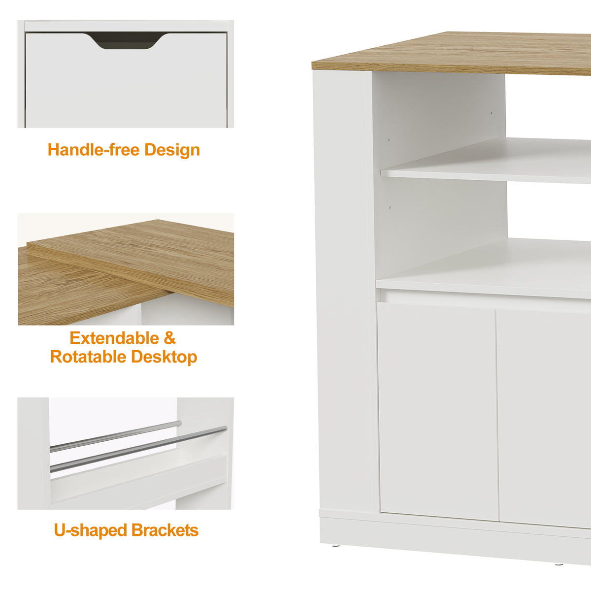 Royalcraft Kitchen Island with Storage, Extendable & Rotatable Kitchen Prep Table with 3 Side Shelves and 2 Drawers,  Kitchen Shelf Bar Table, Wood Buffet Sideboard Cabinet for Dining Room, White