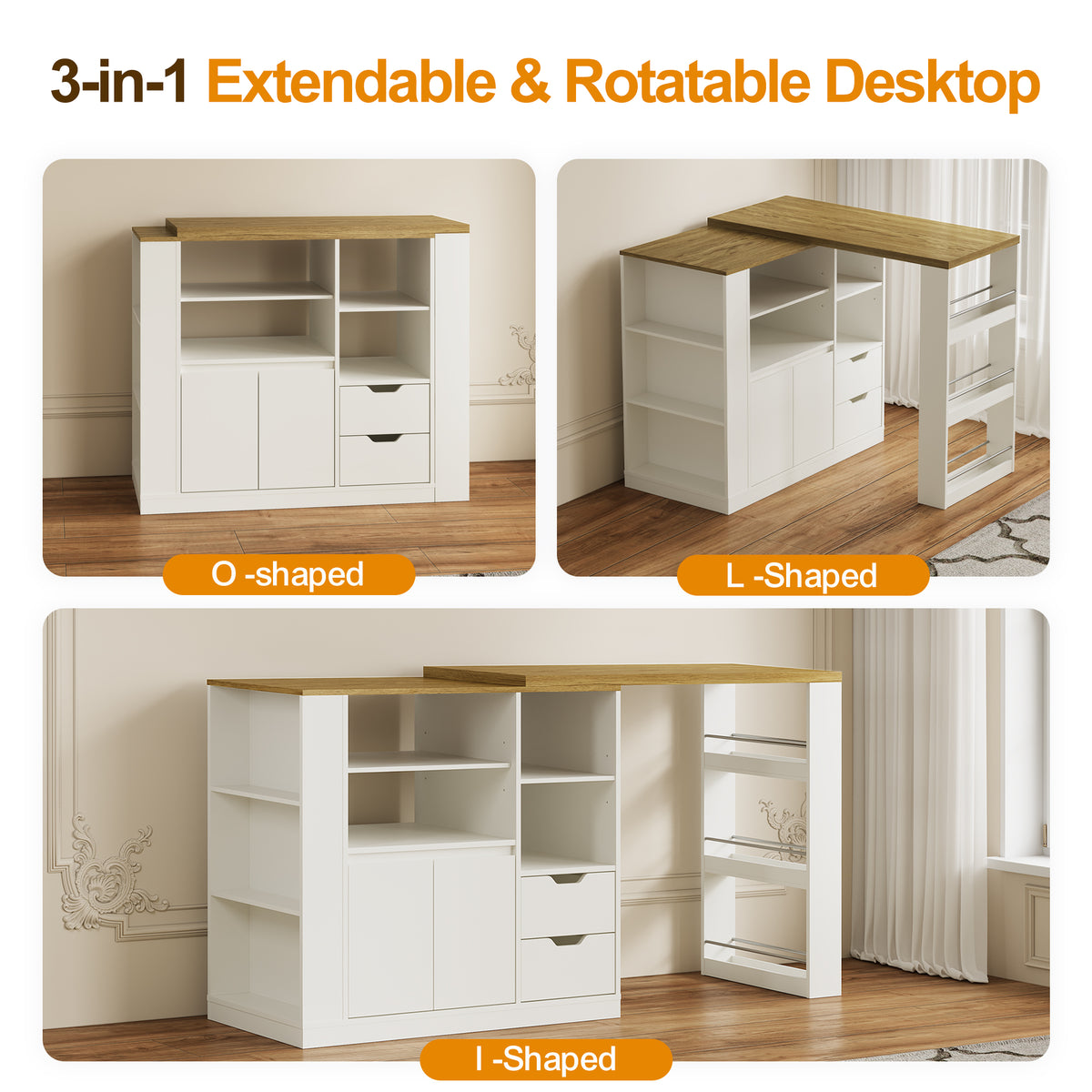 Royalcraft Kitchen Island with Storage, Extendable & Rotatable Kitchen Prep Table with 3 Side Shelves and 2 Drawers,  Kitchen Shelf Bar Table, Wood Buffet Sideboard Cabinet for Dining Room, White
