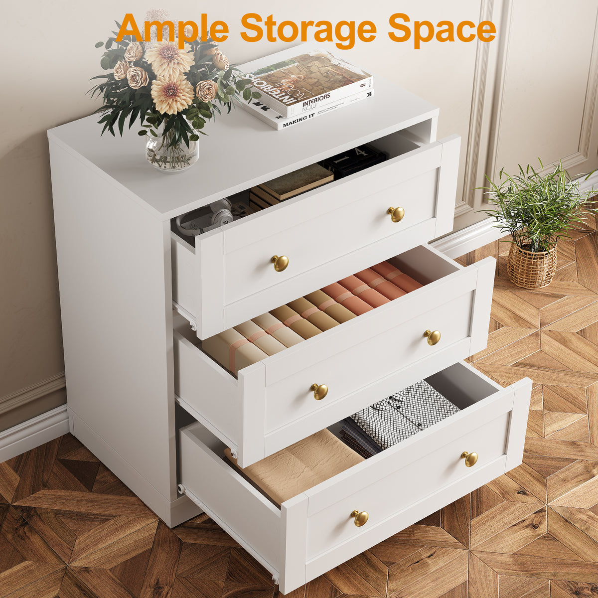 Royalcraft 3 Drawer Nightstand, Large Bedside Table with Golden Round Knobs, Modern Wood End Table, Accent Side Table Chest of Drawers for Bedroom, Living Room, Hallway, Closet