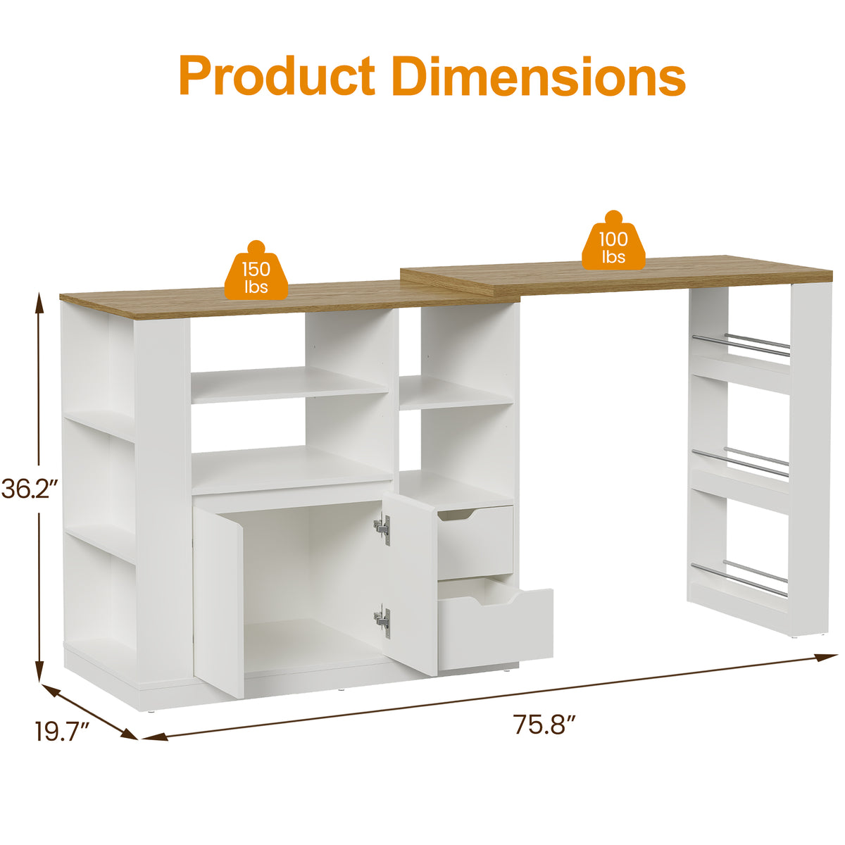 Royalcraft Kitchen Island with Storage, Extendable & Rotatable Kitchen Prep Table with 3 Side Shelves and 2 Drawers,  Kitchen Shelf Bar Table, Wood Buffet Sideboard Cabinet for Dining Room, White