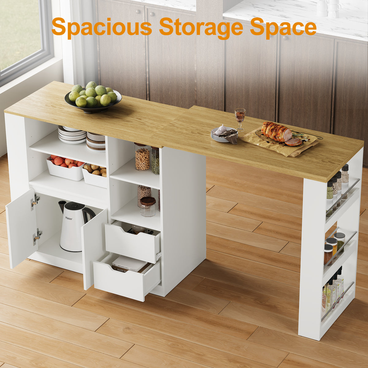 Royalcraft Kitchen Island with Storage, Extendable & Rotatable Kitchen Prep Table with 3 Side Shelves and 2 Drawers,  Kitchen Shelf Bar Table, Wood Buffet Sideboard Cabinet for Dining Room, White