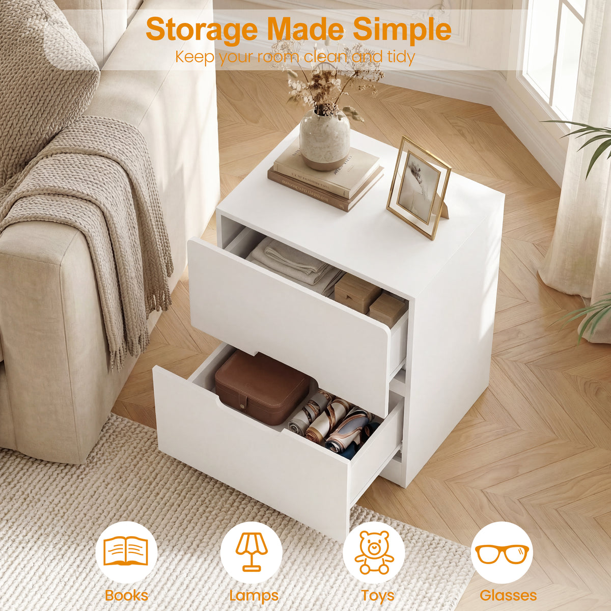 RoyalCraft 2 Drawer Nightstand, Modern Bedside Table with Handless Design, Wood Side Table for Bedroom, Living Room, Hallway