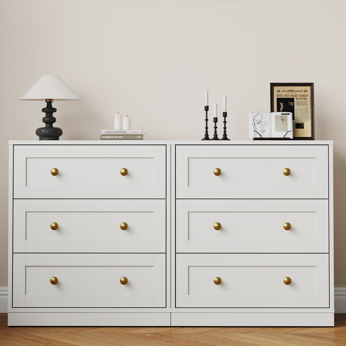 Royalcraft 3 Drawer Nightstand, Large Bedside Table with Golden Round Knobs, Modern Wood End Table, Accent Side Table Chest of Drawers for Bedroom, Living Room, Hallway, Closet