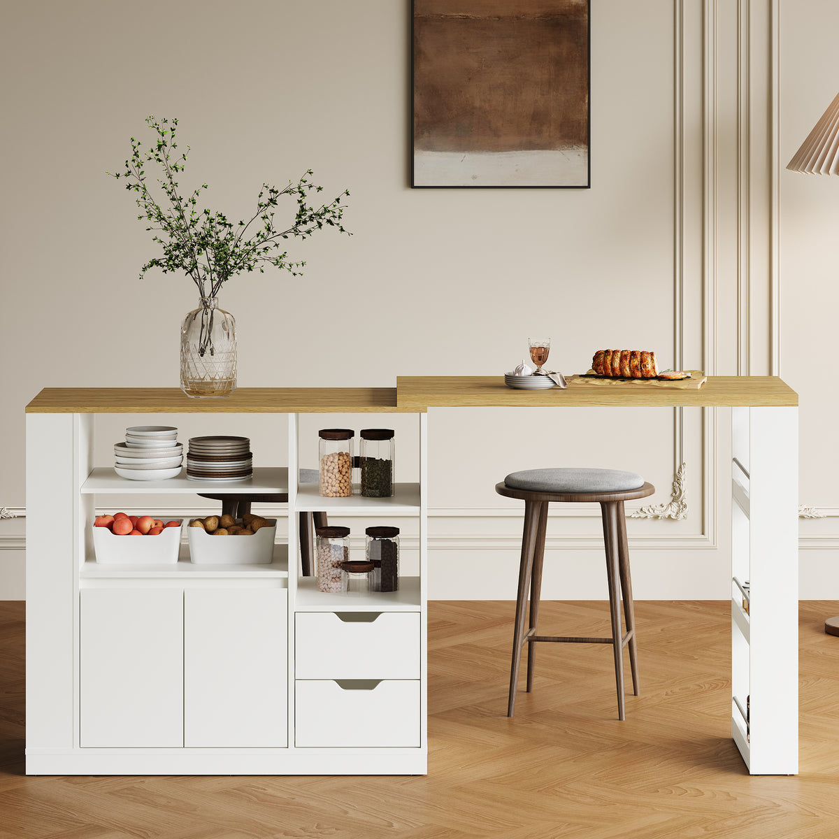Royalcraft Kitchen Island with Storage, Extendable & Rotatable Kitchen Prep Table with 3 Side Shelves and 2 Drawers,  Kitchen Shelf Bar Table, Wood Buffet Sideboard Cabinet for Dining Room, White
