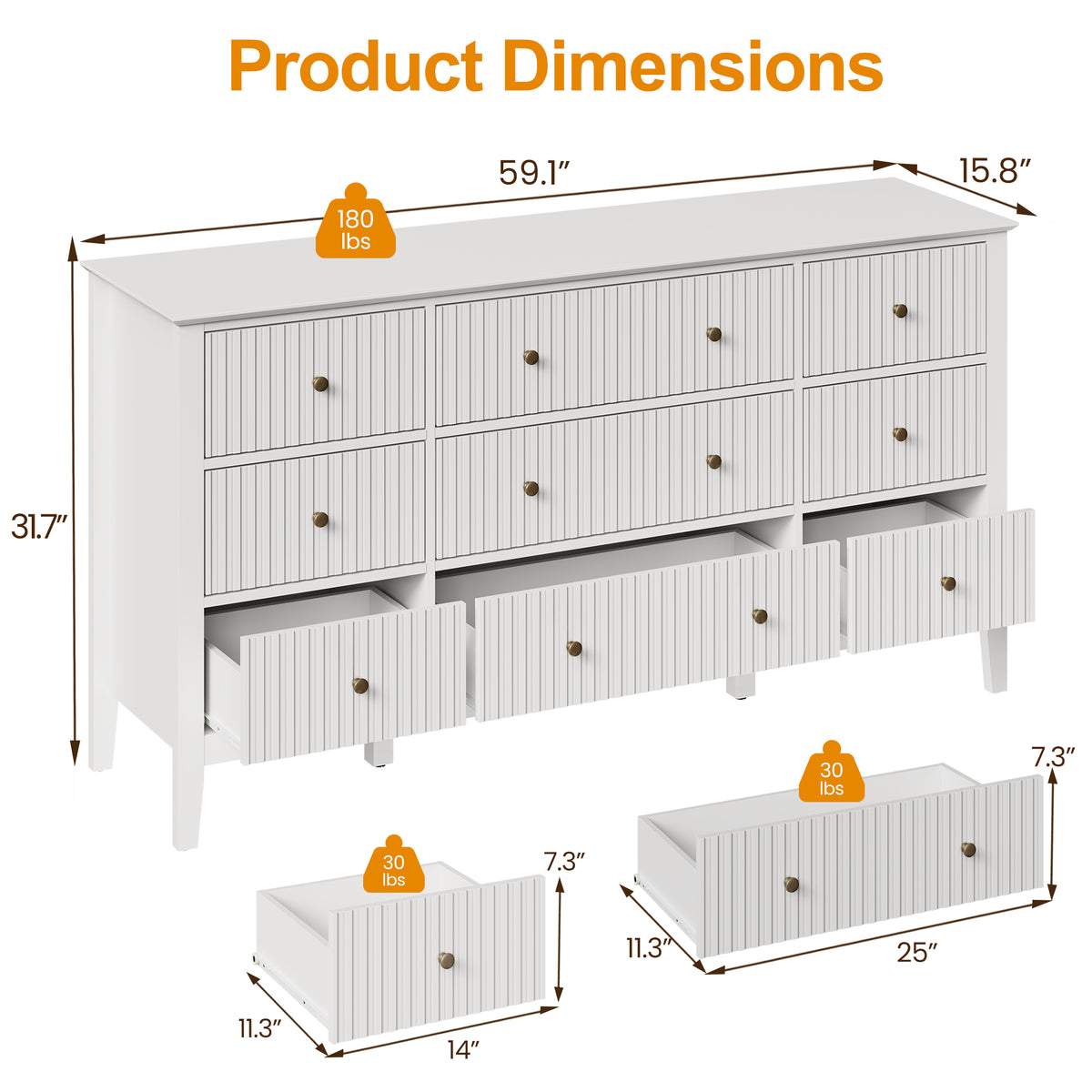Royalcraft Fluted 9 Drawer Dresser, 59'' Wide Modern Chest of Drawers with Metal Handles, Wooden TV Stand Storage Organizer for Bedroom, Living Room, Entryway, White