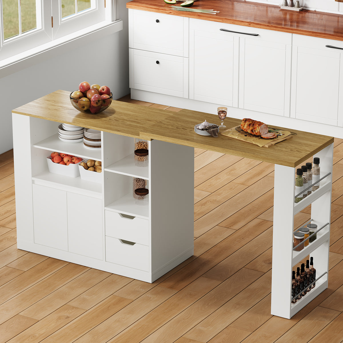 Royalcraft Kitchen Island with Storage, Extendable & Rotatable Kitchen Prep Table with 3 Side Shelves and 2 Drawers,  Kitchen Shelf Bar Table, Wood Buffet Sideboard Cabinet for Dining Room, White