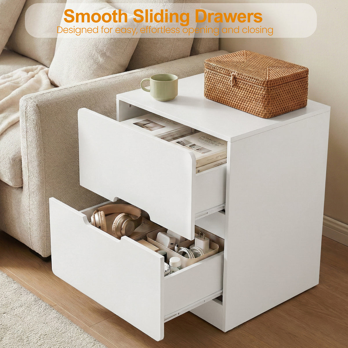 RoyalCraft 2 Drawer Nightstand, Modern Bedside Table with Handless Design, Wood Side Table for Bedroom, Living Room, Hallway