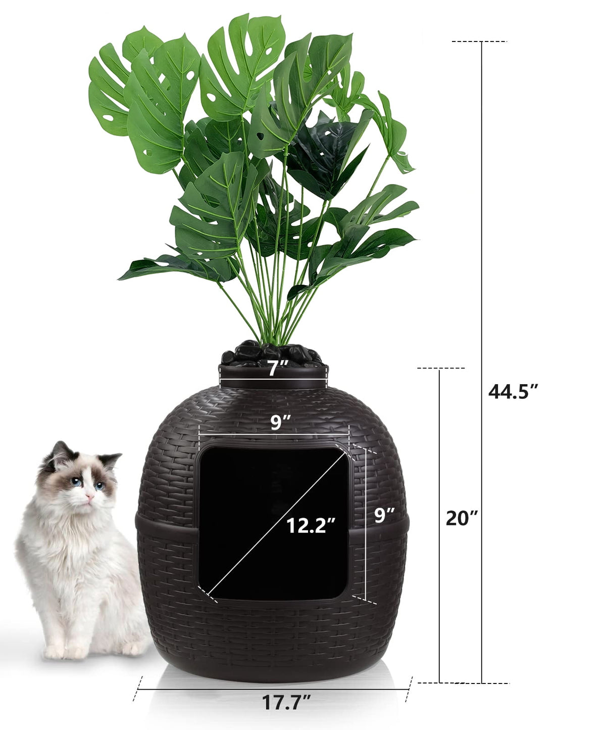 CozyHom Cat Litter Box Furniture with Artificial Plant Hidden, Ventilated Waterproof And Odor Resistant Carbon Filter And 3.3lbs Real Stone Block For Large Cats, Brown