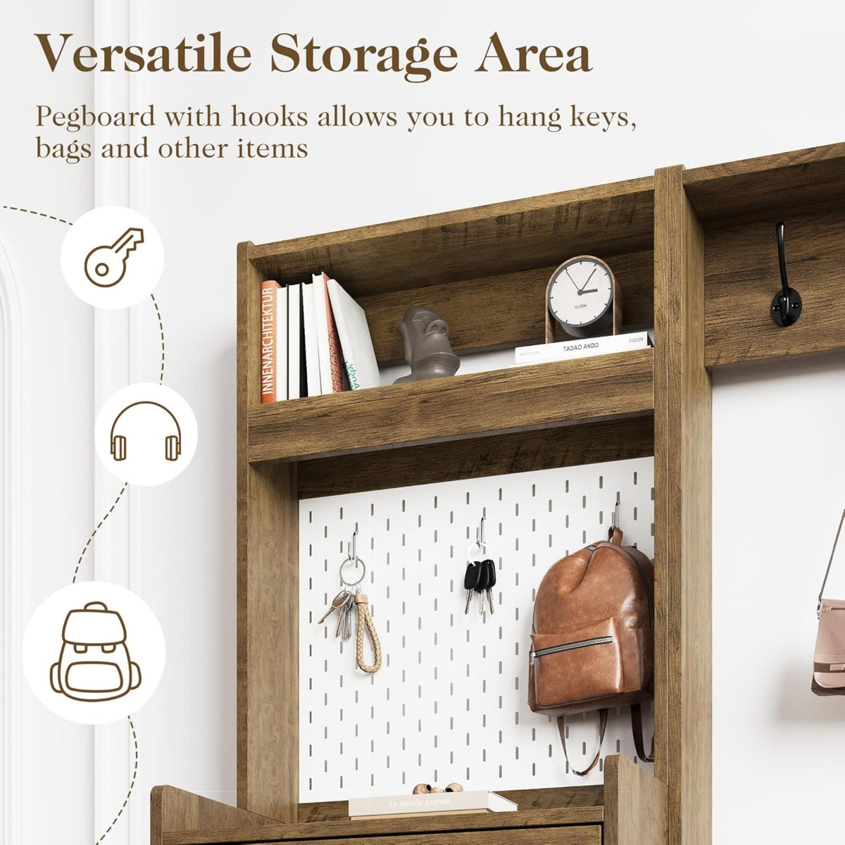 CozyHome 5-in-1 Shoe Cabinet with Flip Drawer, Entryway Shoe Storage with Pegboard, Adjustable Shelf, Wood Entryway Cabinet, Brown