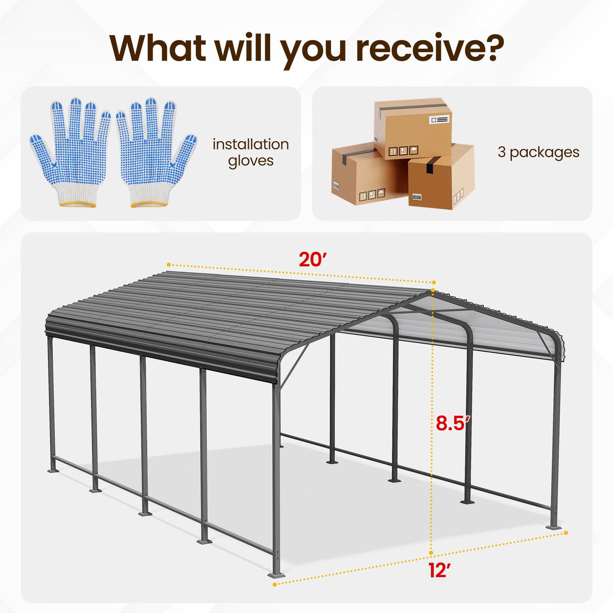 RoyalCraft 12x20 FT Metal Carport, Heavy Duty Canopy with Updated Roof & Enhanced Base, Multi-Use Carport Garage for Car, Truck, Boat, Tractors, Party, Grey