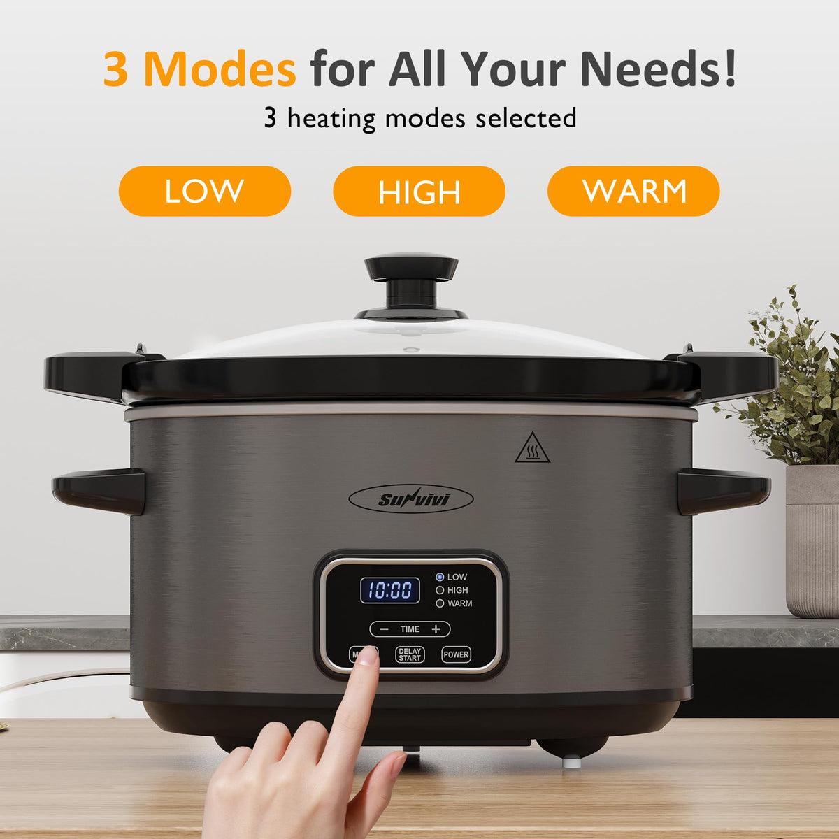 Royalcraft 4QT Slow Cooker, Programmable Pot with Locking Lid, Removable Ceramic Pot, 3 Heating Settings & Time Control,Dishwasher-safe Lid & Pot, Grey