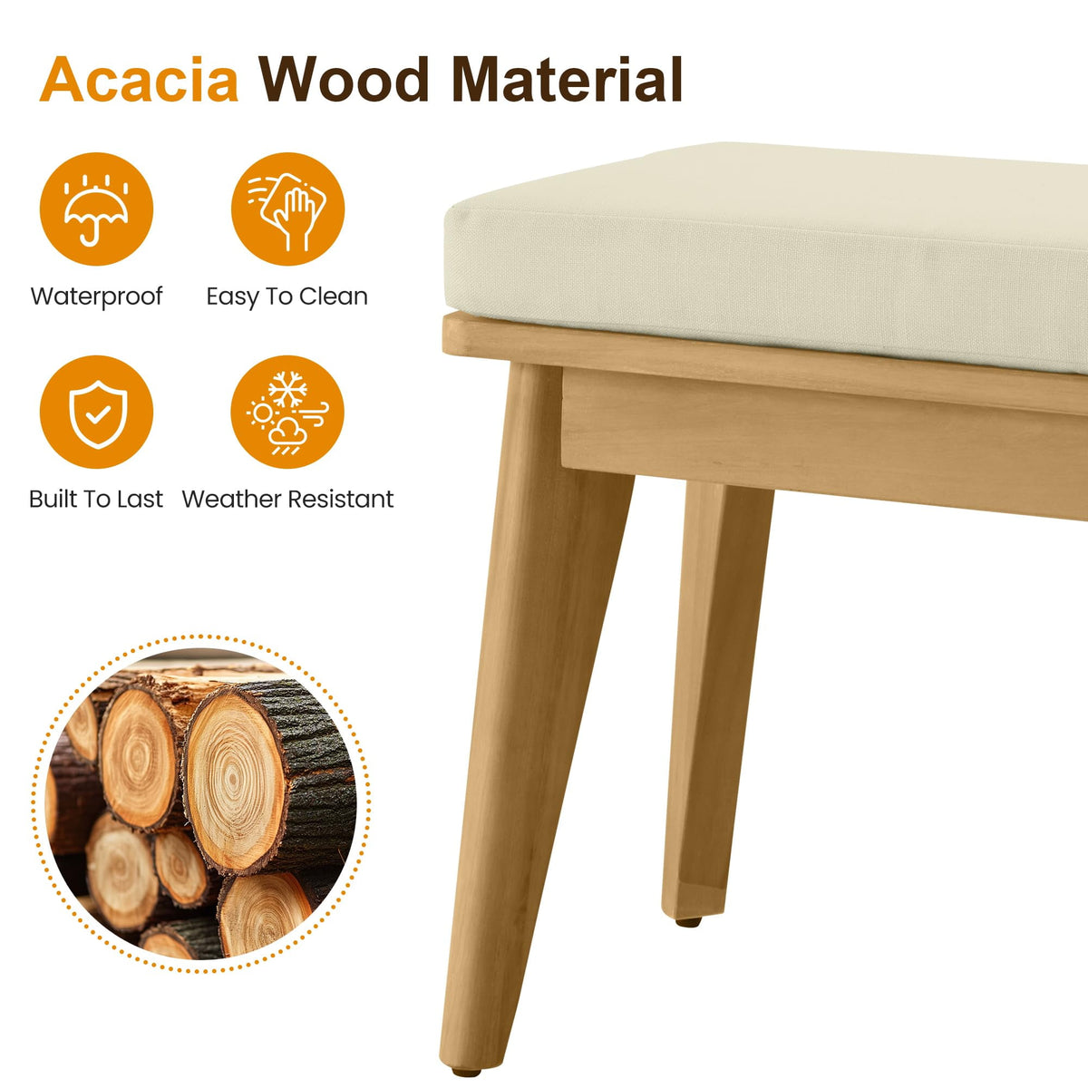 RoyalCraft Acacia Patio Bench, Upholstered Bench with Thick Cushion, Modern Wood Outdoor Dining Bench for Porch, Backyard, Garden, Indoor, Beige