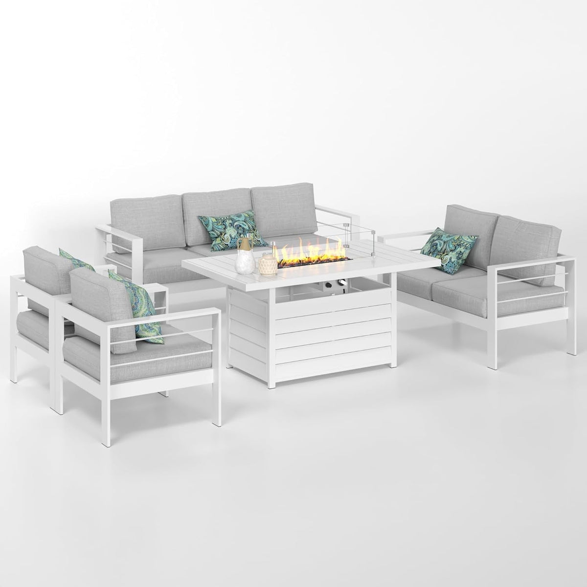 RoyalCarft Aluminum Patio Furniture Set with Fire Pit Table, 5 Piece Metal Outdoor Furniture with Water-Resistant Cushions, Modern Patio Conversation Set for Balcony, Front Porch, and Backyard