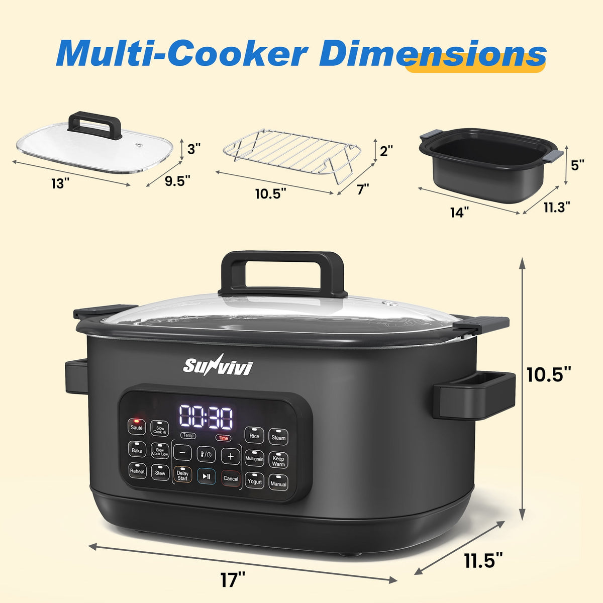 Royalcraft 12-in-1 Digital Programmable Slow Cooker, 6.5 QT Large Multicooker, Multi-Cooker with Timer, Temp Control, Black