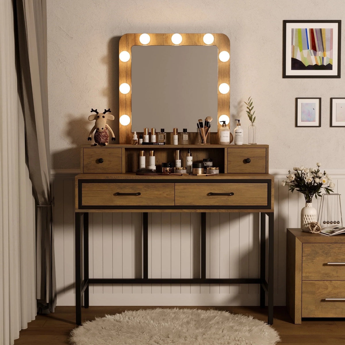 RoyalCraft Makeup Vanity Table with 3 Color Dimmable Lighted Hollywood Mirror, Vanity Desk with 4 Drawers, Dressing Table for Women Girls