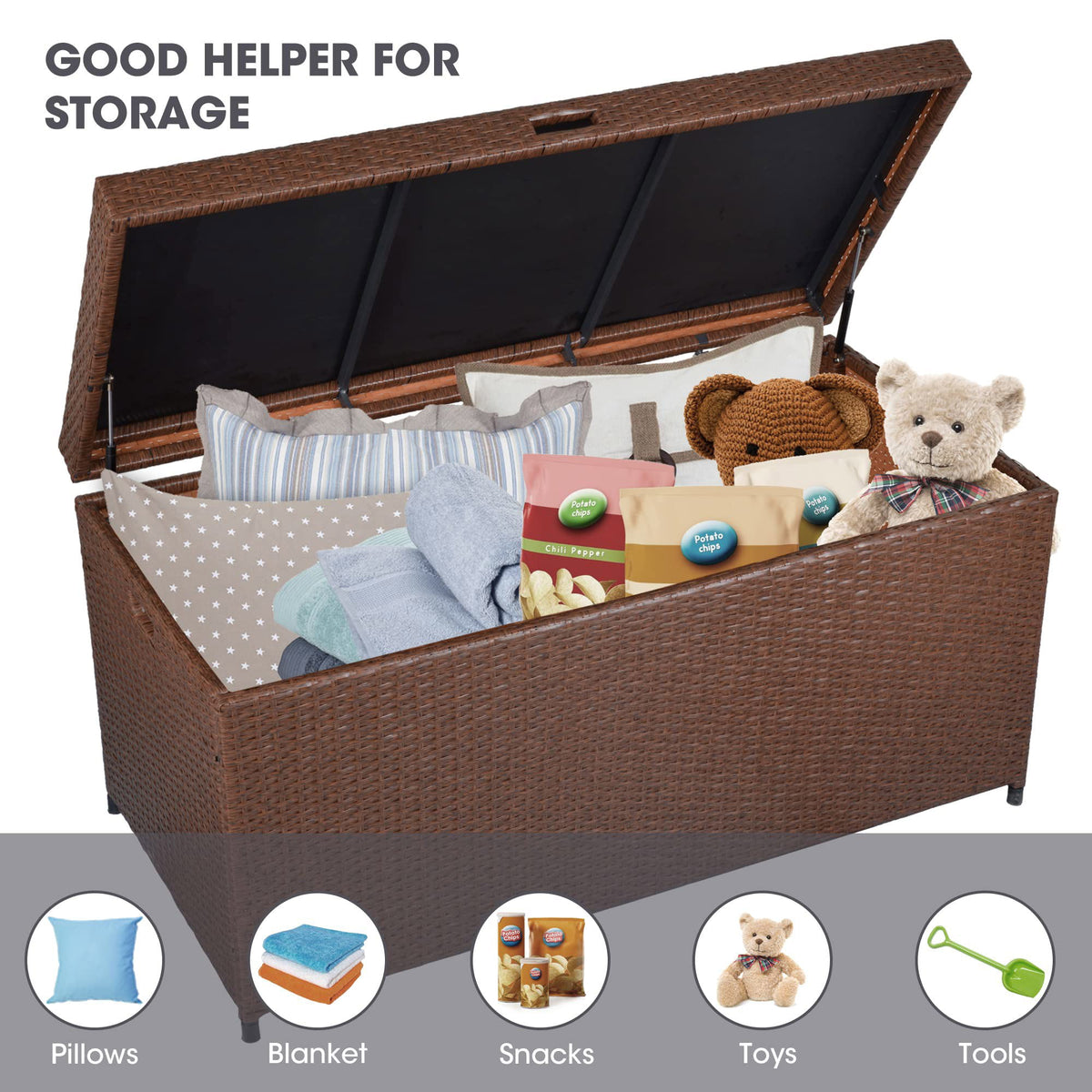 Royalcraft Outdoor Deck Storage Box, Waterproof Outside Patio Rattan Wicker Storage Bin Container with Liner, Large Box for Cushions, Pool Toys and Garden Tools