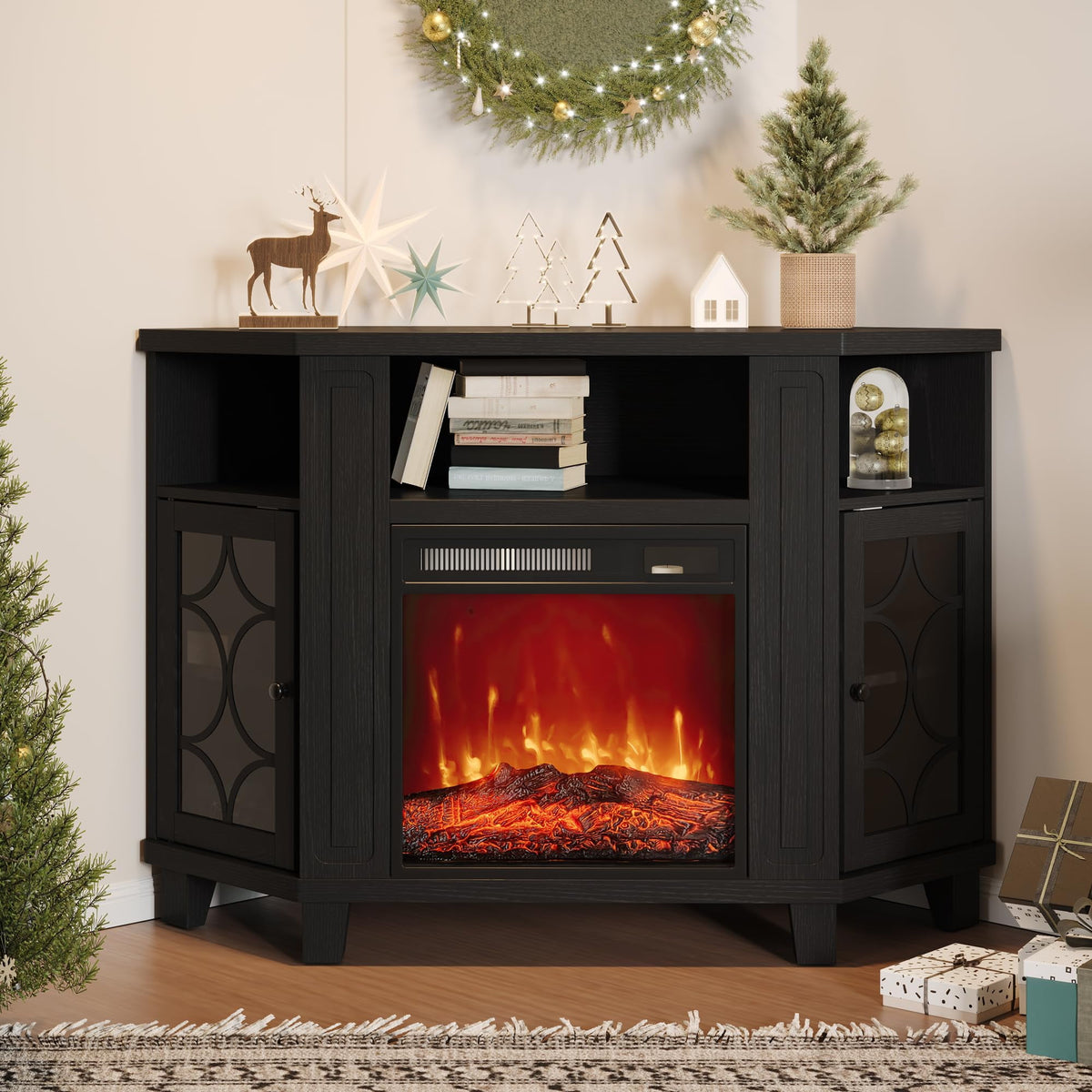 CozyHome Corner TV Stands with 18'' Fireplace, Media Console Table with Adjustable Shelves & Acrylic Doors, Entertainment Center for TVs up to 55'', Corner Cabinet for Living Room, Bedroom, Black