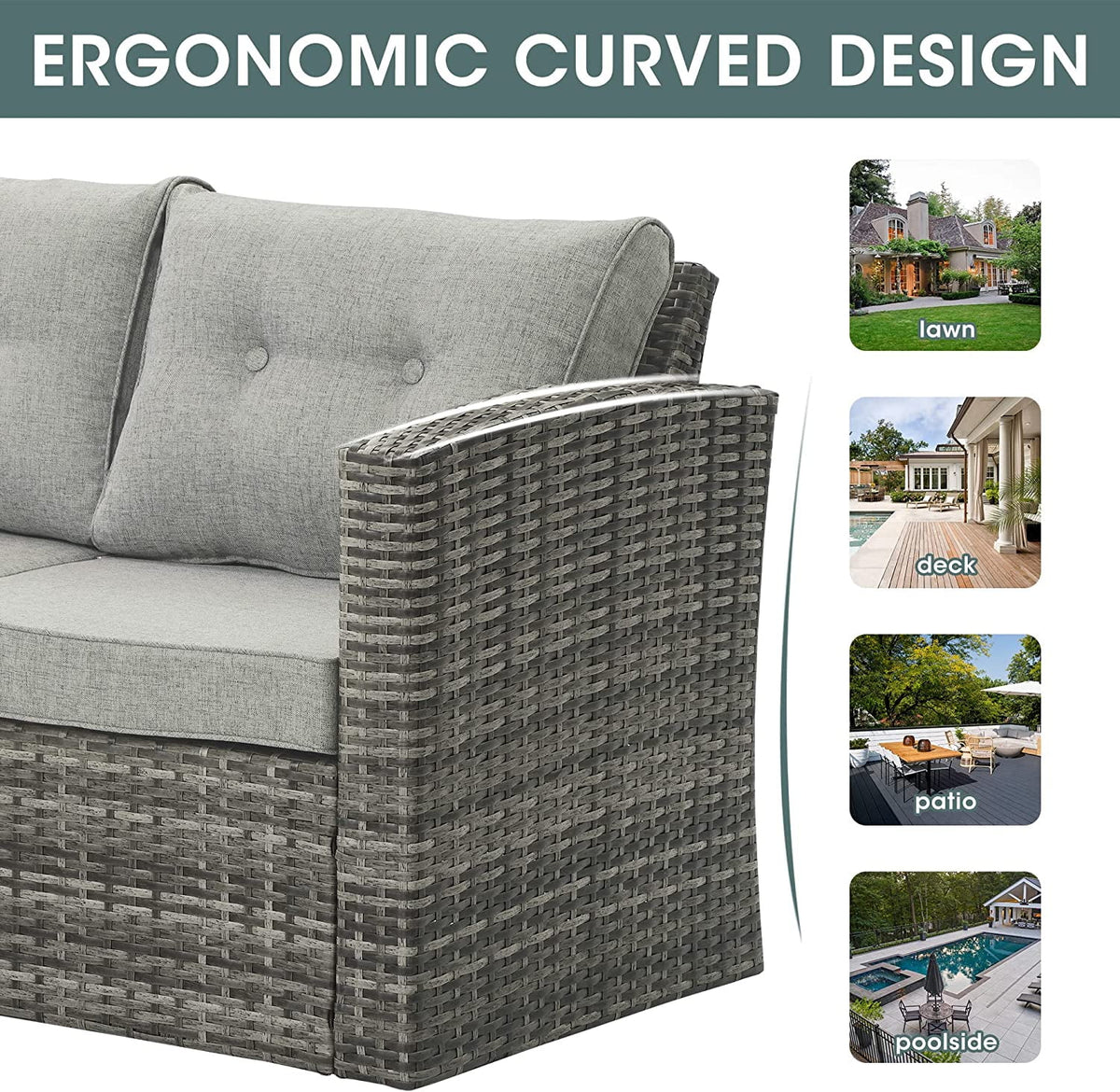 RoyalCraft Modular Collections Patio Sofa Chair with Ottoman, Outdoor Brown Rattan Lounger Sofa Chair Set with Seat and Back Cushions, Aluminum Frame