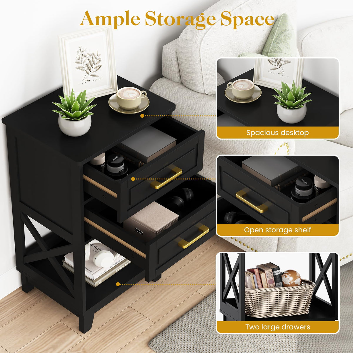 RoyalCraft Tall Nightstand, Side Table with 2 Drawers and Open Shelf Below, Bedside Table with Solid Feet, Modern Night Stand End Table for Bedroom, Living Room, Home Office, Black