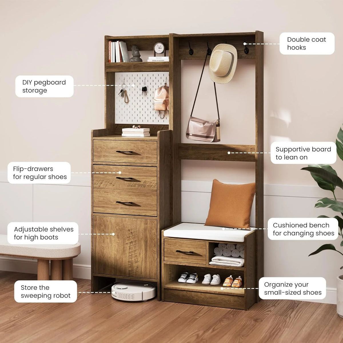 Royalcraft 7-in-1 Hall Tree with Hidden Shoe Storage, Entryway Bench with Coat Rack and Pegboard, Multifunctional Coat Rack with Bench Mudroom Storage